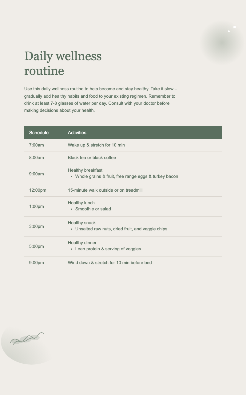 Daily wellness routine - Time-based daily routine planner with schedule and activities table. Ideal for health tracking.